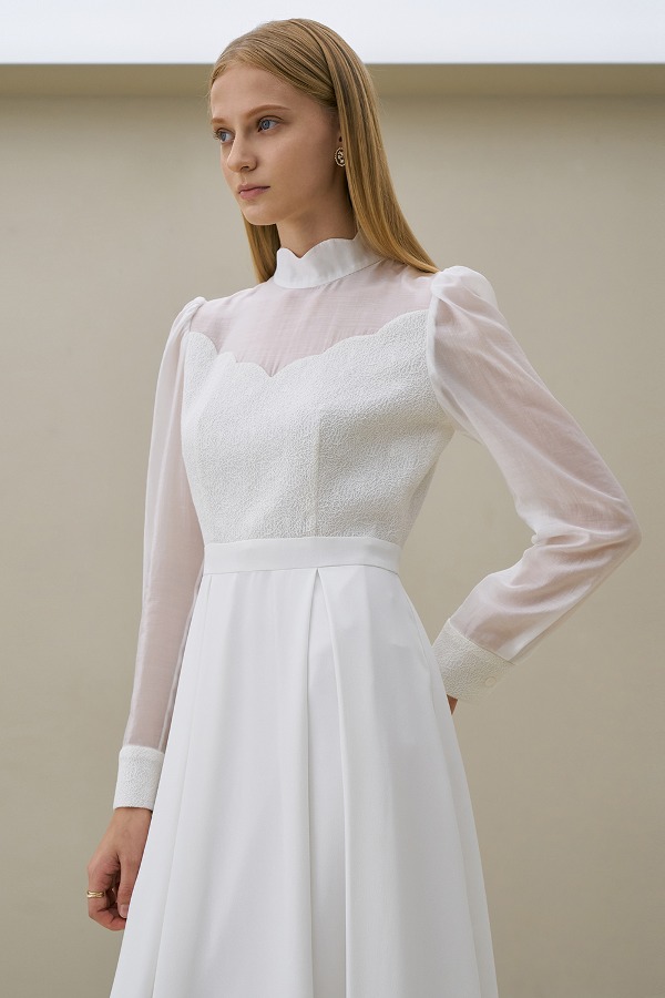 CROA semi-high neck flared dress_white